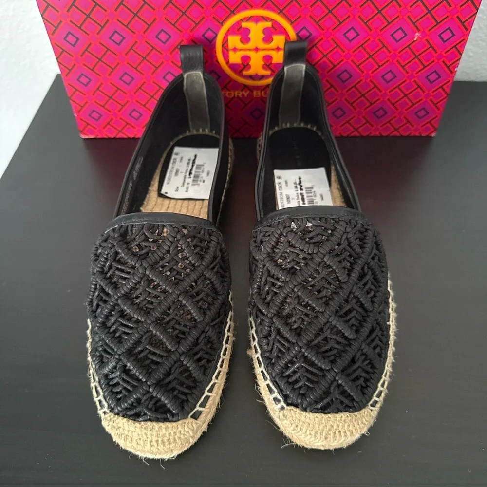 NEW Tory Burch Everly Black Leather Crochet Espadrille  Flat Slio On